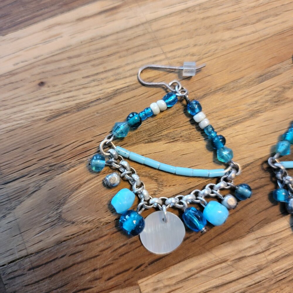2" Trapezoid Blue Beaded Dangle Earrings - Picture 4 of 8